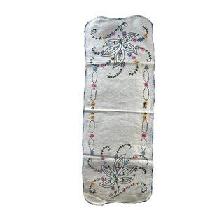 Vintage Hand-Embroidered Floral Table Runner Blue Crocheted Lace Edge 32"x16"